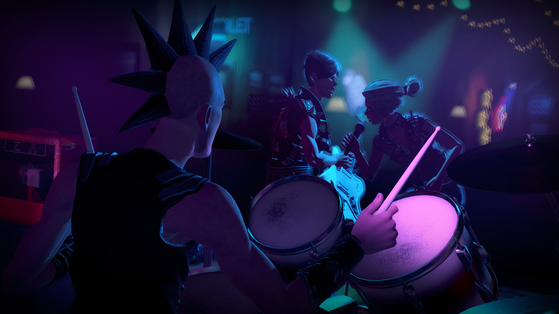 Screenshot from Rock Band Rivals showing a drummer