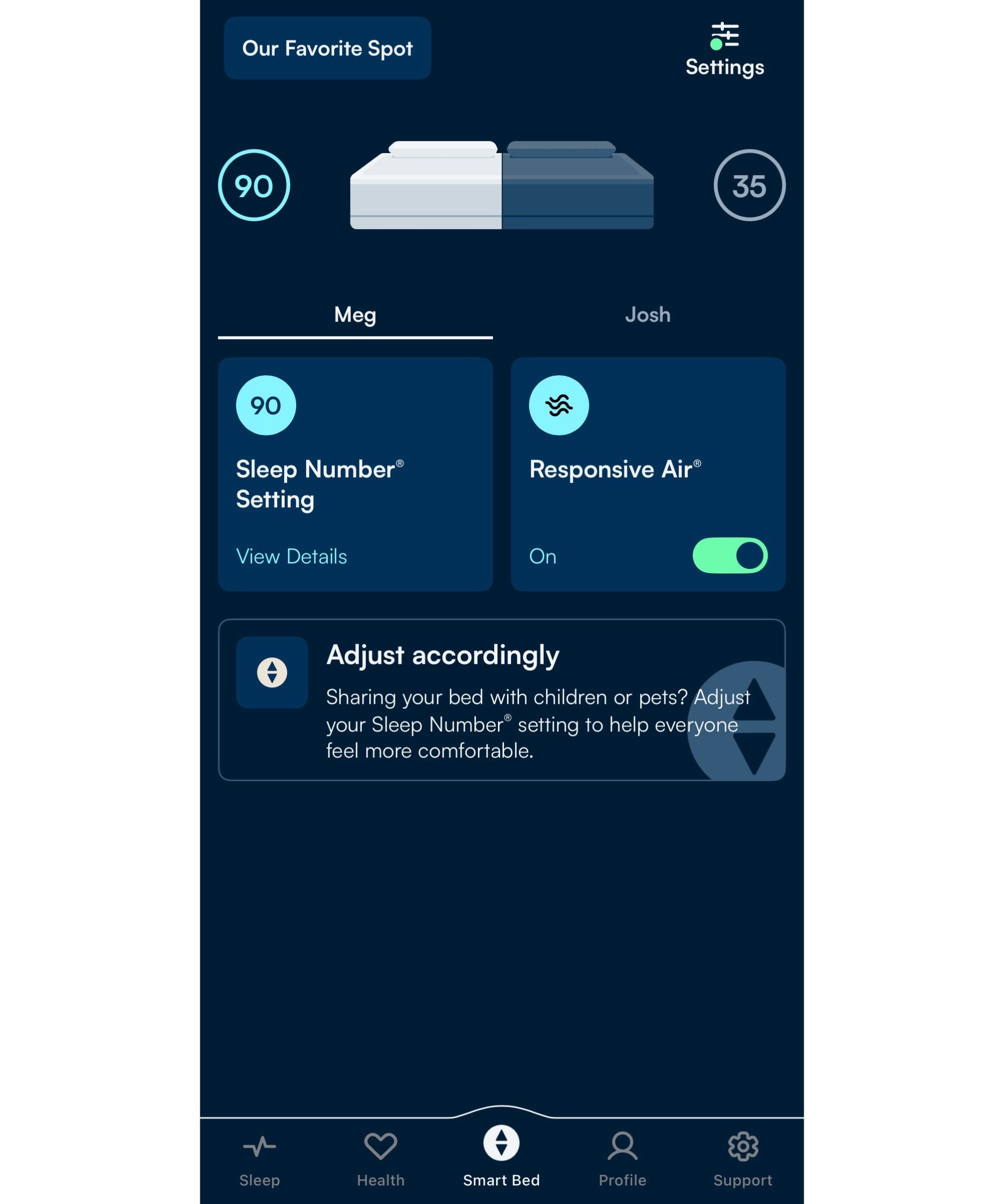 Sleep Number ComfortNext app screenshot
