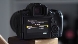 Rear screen showing firmware version 1.1.0 on the Canon EOS R5 Mark II