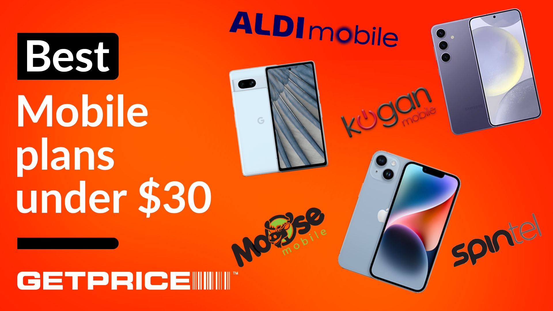 Red and orange background with white text that says Best mobile plans under $30 with GetPrice written underneath and images of different smartphones with logos of telco providers scattered to the right