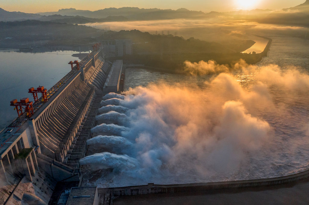 A spectacular view is showing the opening of the Three Gorges Dam to release floodwater in Yichang, Hubei province, China, on July 21, 2024.