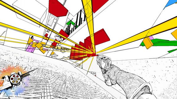 Screenshots from the indie first-person-shooter game VINCIT showing a mix of hand-drawn and CGI art style