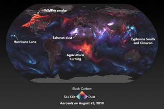 A full-globe image highlights all three major varieties of aerosol cloud.