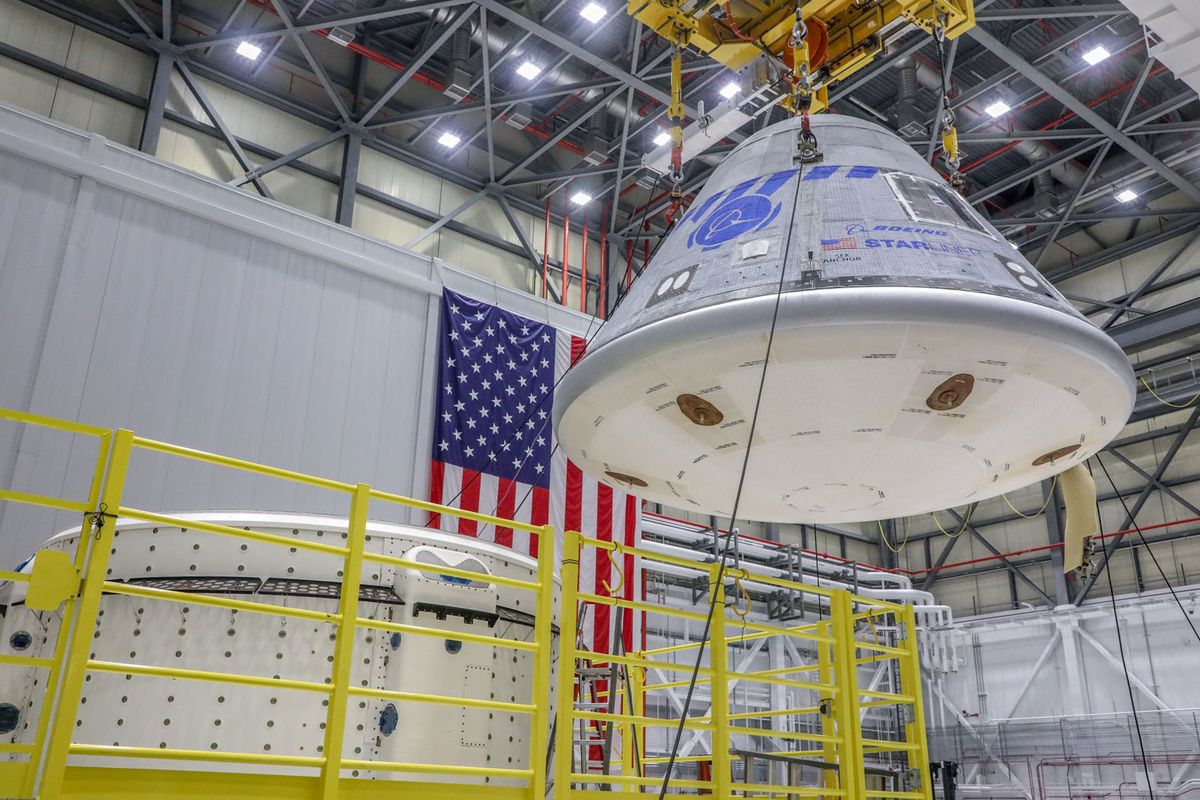 Boeing&#039;s Starliner OFT-2 spacecraftis mated to a new service module on March 2022 ahead of its planned test flight on May 19, 2022. 