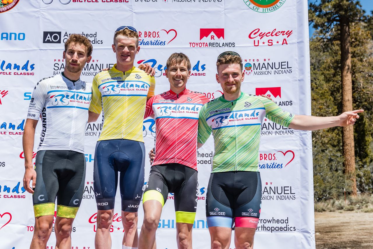 Jerseys after stage 3: Tyler Stites (Project Echelon) in yellow, Stephen Schaefer of Landis/Trek Cyclery in the red KOM jersey. Quinn Felton (Aevolo Cycling) leads the Best Amateur competitions and Ryan Gorman in the green sprint leader's jersey