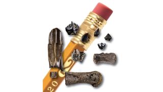 The baby dinosaur teeth, laid next to a pencil for size.