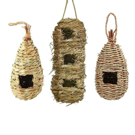 Hummingbird House, Pack of 3 Grass Bird Hut, Hand Woven Hanging Birdhouse Outside Roosting Pocket Nest for Hummingbird Wren Sparrow Wicker Finch Chickadee