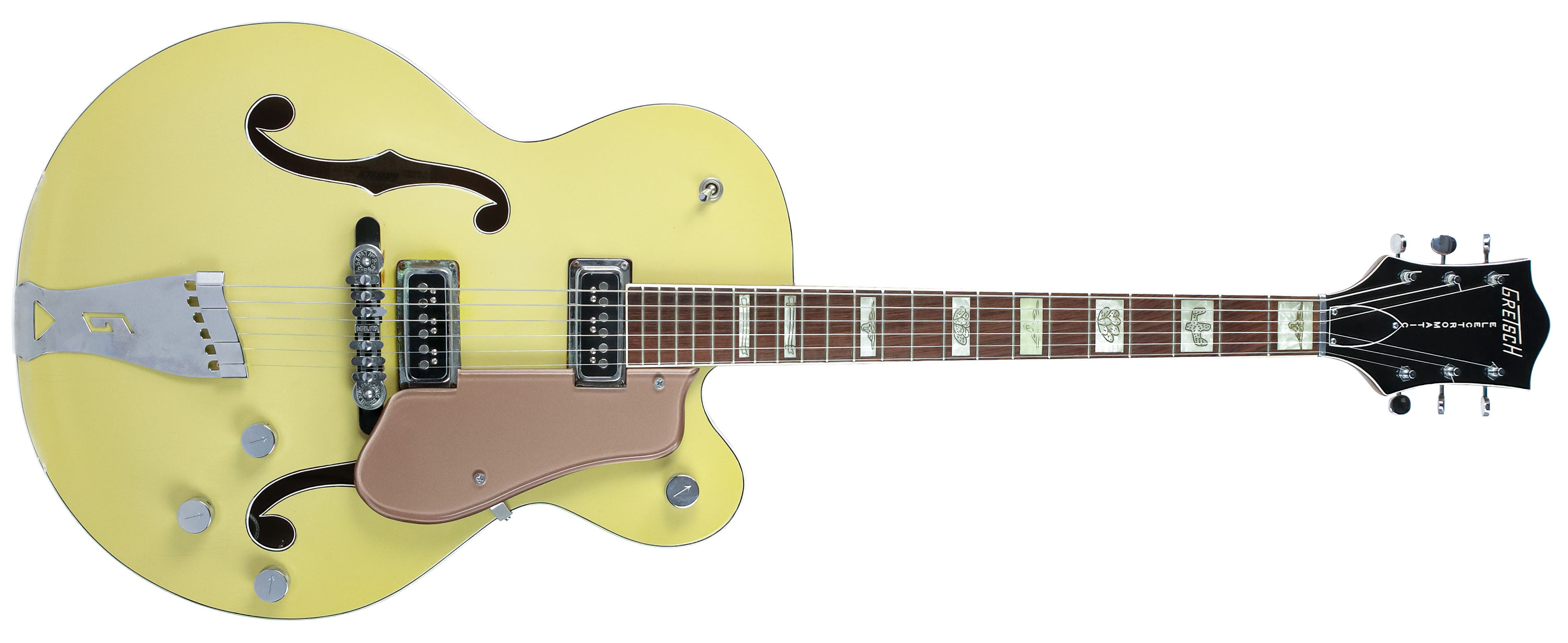 This pristine 1955 Gretsch Streamliner is finished in Jaguar Tan over Copper Mist and photographed in close-up.