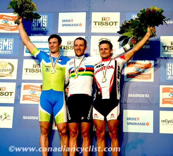 The men's world championship eliminator podium: Miha Halzer, Ralph Naf, Daniel Federspiel