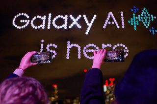 550 drones form UFOs, planets and phones in the sky above London, at the Samsung Galaxy S24 launch event