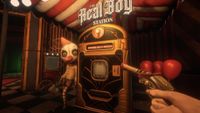 Screenshot from Twisted Tower, showing a first-person view of a 'Real Boy Station' vending machine with a freaky clown doll by its side.