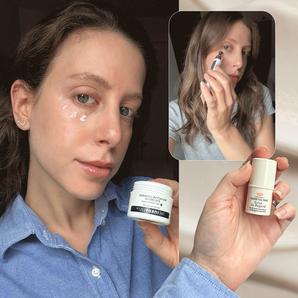 Photo collage of Jamie Chevron testing the best eye creams