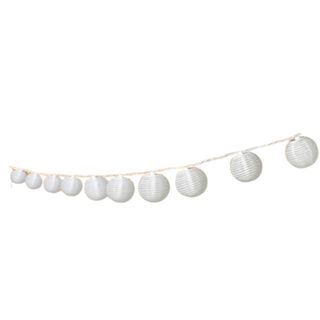 A string of ten small circular white paper-style lanterns
