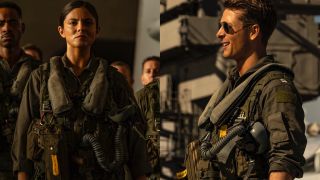 Side-by-side pictures of Monica Barbaro and Glen Powell wearing their pilot uniforms in Top Gun: Maverick