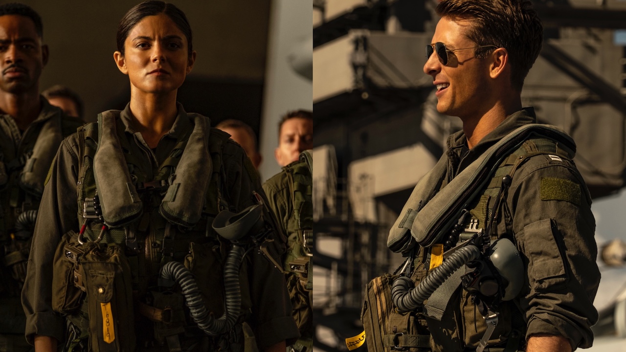 Side-by-side pictures of Monica Barbaro and Glen Powell wearing their pilot uniforms in Top Gun: Maverick