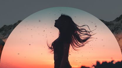 Woman silhouette behind sunrise meant to symbolize the meaning of mercury in retrograde