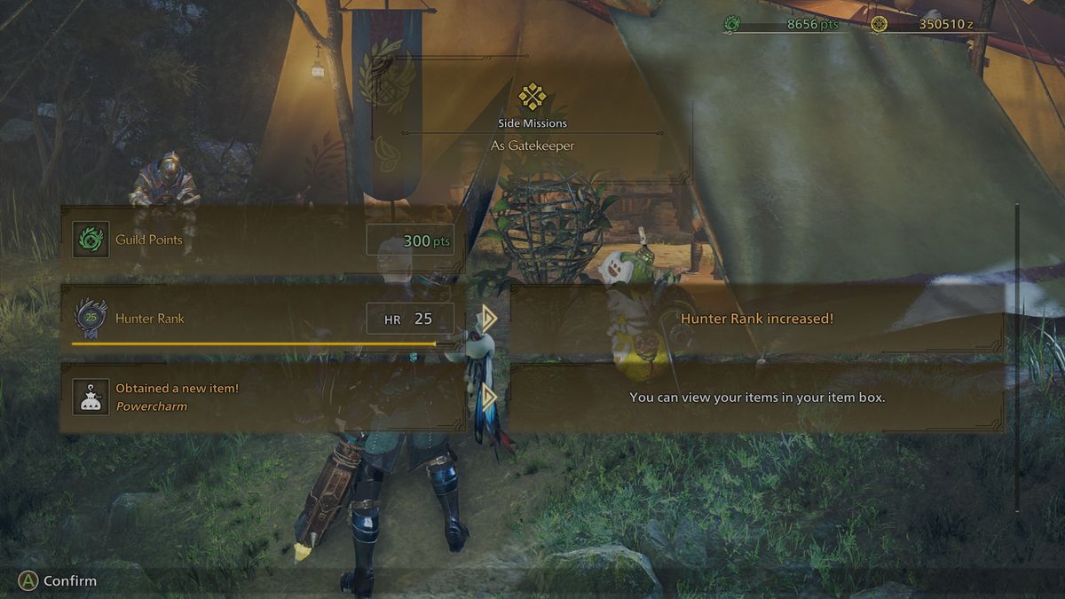 Monster Hunter Wilds Powercharm quest - The end-of-hunt rewards page for the As Gatekeeper quest.