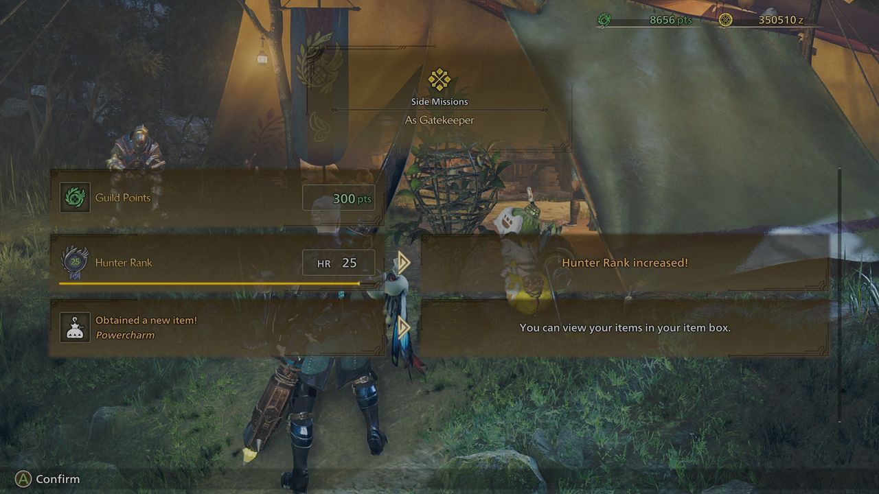 Monster Hunter Wilds Powercharm quest - The end-of-hunt rewards page for the As Gatekeeper quest.