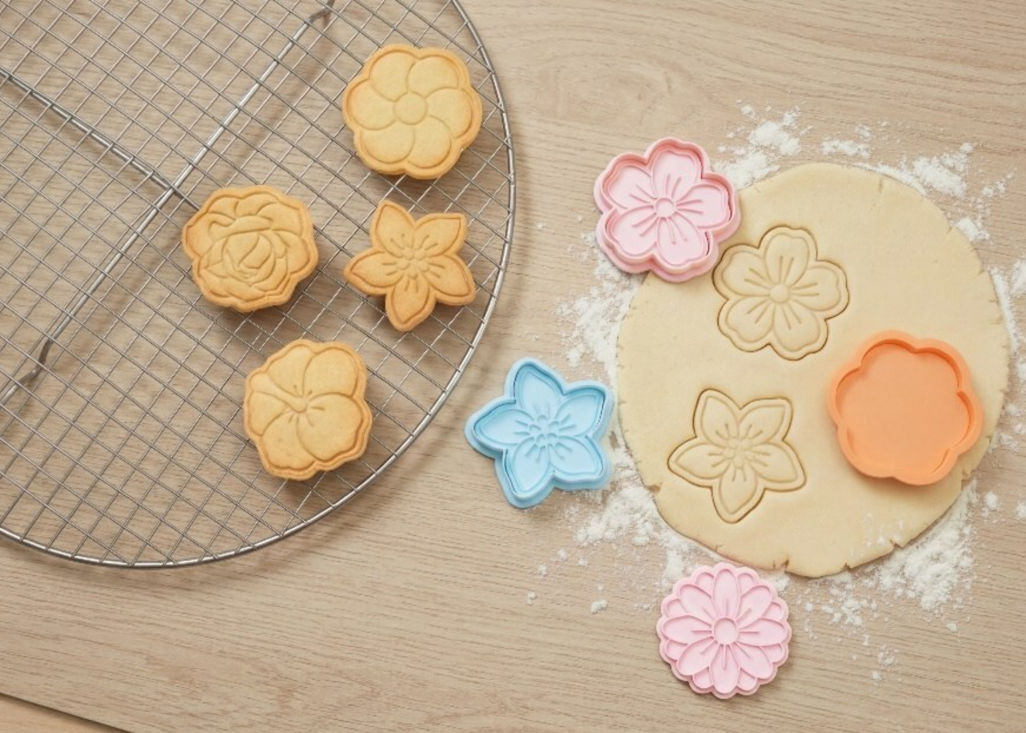 A set of colorful 3D-printed floral cookie cutters from Bambu Lab