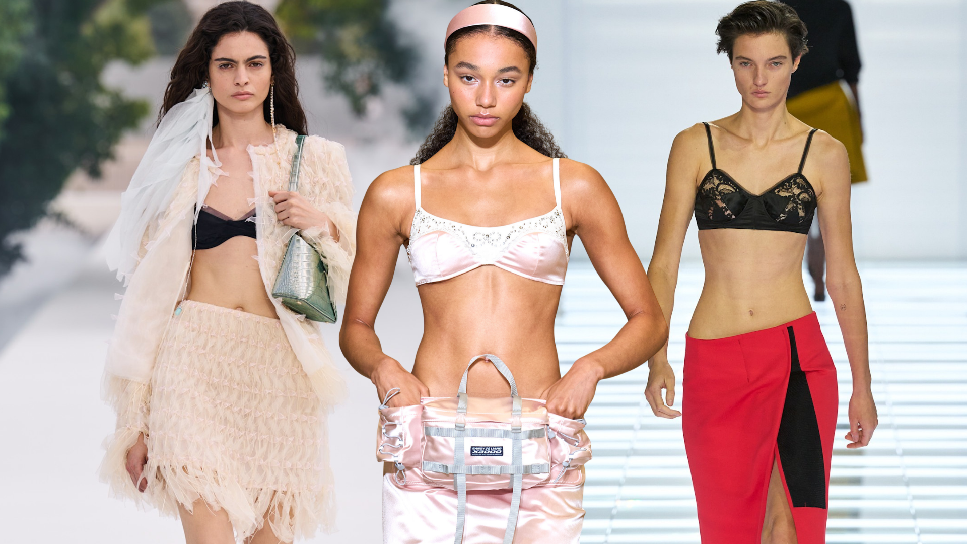 Collage of runway models wearing the spring 2027 bra trend seen at fashion month.