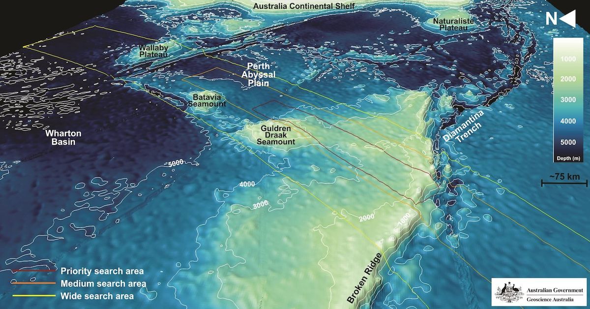 The topography of seafloor areas examined in the search for the missing flight MH370.