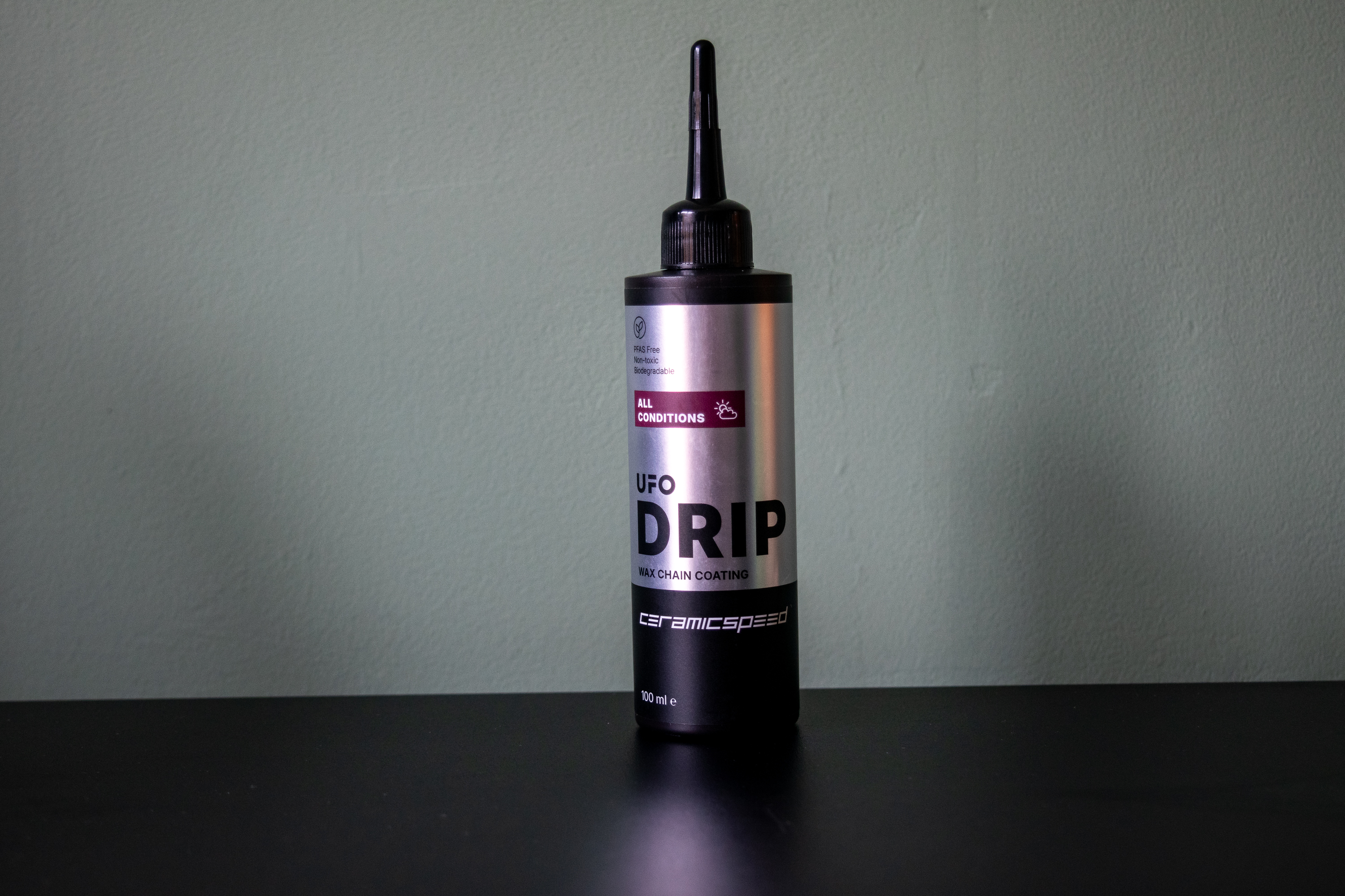 A bottle of CeramicSpeed chain lube