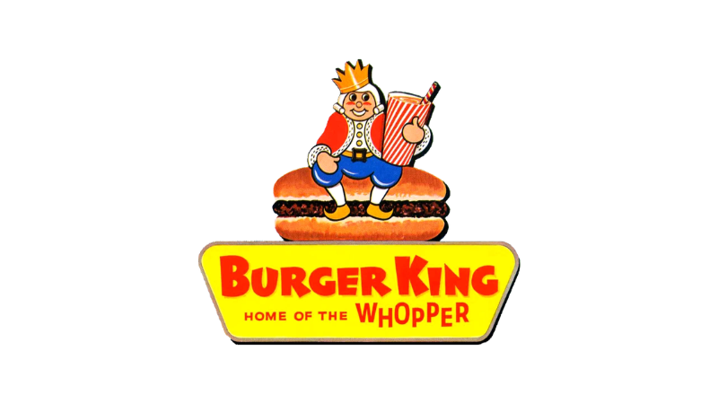 Burger King logo with King mascot, burger painting and 'Home of the Whopper'