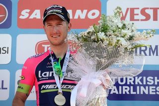 Sacha Modolo of Lampre-Merida celebrates on the podium after winning Stage 4 of the 2016 Tour of Turkey