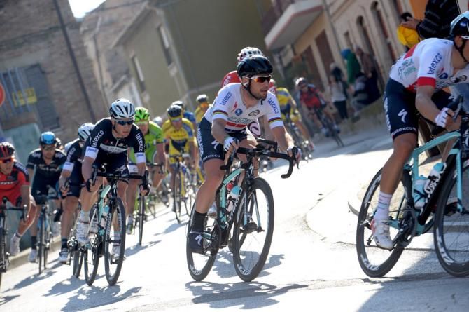 British champion Mark Cavendish (Omega Pharma-QuickStep) rides on the wheel of teammate and Polish champion Michal Kwiatkowski