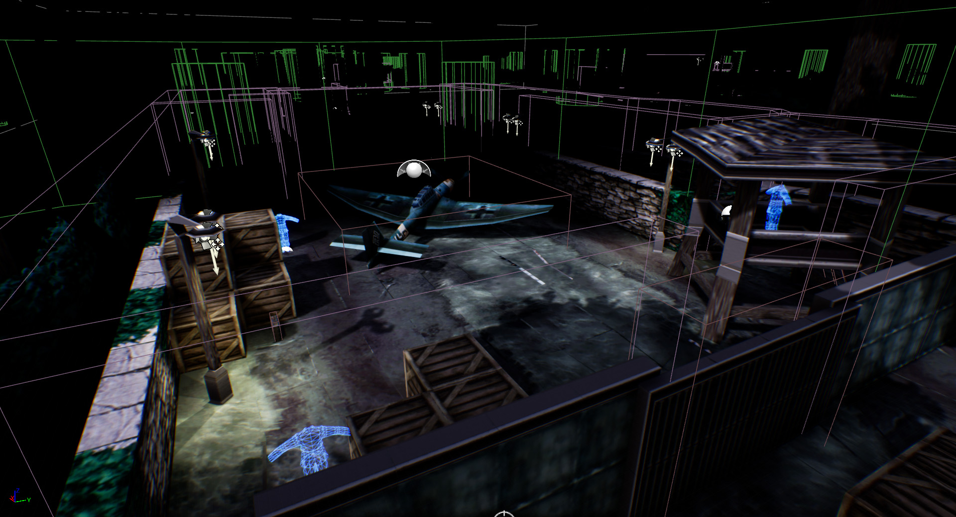 An isometric view of an in-development level in Medal of Honor: Retro Remake, showing a secure courtyard with a guard tower and a fighter plane flying over it.