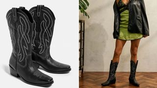 Black cowboy boots against a white background and model wearing a green dress and black leather jacket