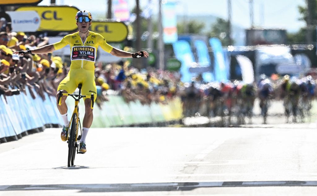 Jumbo-Visma teams Belgian rider Wout Van Aert celebrates as he cycles past the finish line to win the 4th stage of the 109th edition of the Tour de France cycling race 1715 km between Dunkirk and Calais in northern France on July 5 2022 Photo by AnneChristine POUJOULAT AFP Photo by ANNECHRISTINE POUJOULATAFP via Getty Images