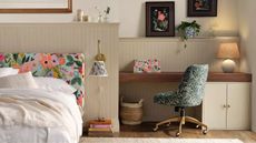 Rifle Paper Co. Target line items in a bedroom and small desk alcove