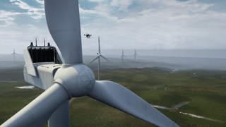 A computer generated image of a wind turbine, with a drone flying just behind it