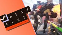 A player shoots an assault rifle at a mech in Empulse, with the Steam Next Fest logo laid on top.