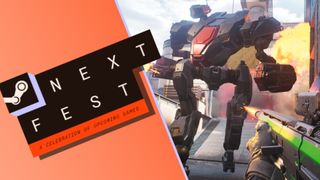 A player shoots an assault rifle at a mech in Empulse, with the Steam Next Fest logo laid on top.