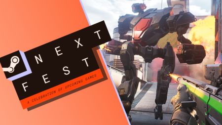 A player shoots an assault rifle at a mech in Empulse, with the Steam Next Fest logo laid on top.