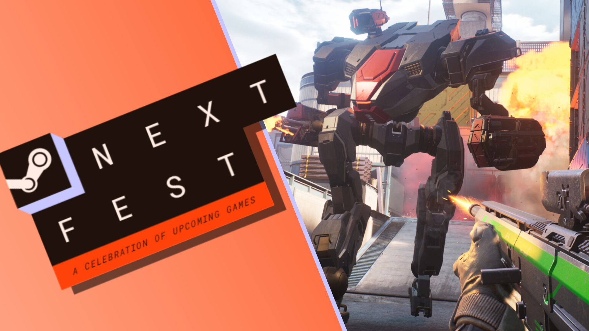 A player shoots an assault rifle at a mech in Empulse, with the Steam Next Fest logo laid on top.