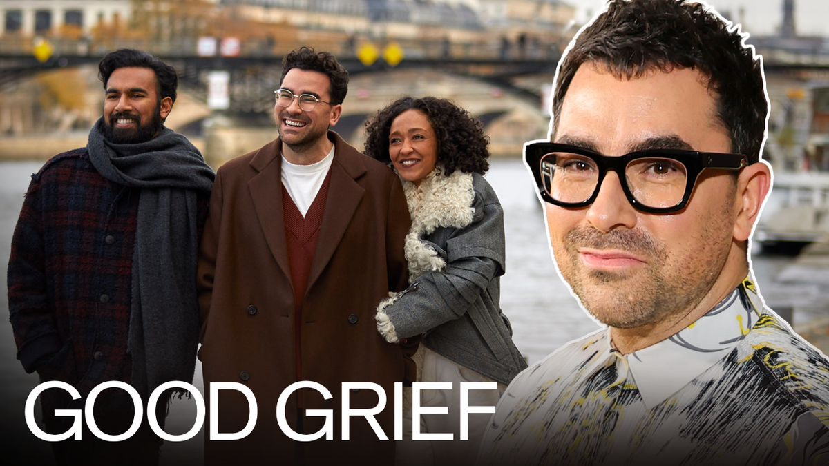 Dan Levy, Himesh Patel and Ruth Negga in Netflix&#039;s Good Grief. 