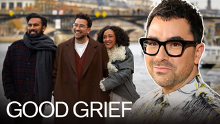 Dan Levy, Himesh Patel and Ruth Negga in Netflix's Good Grief. 