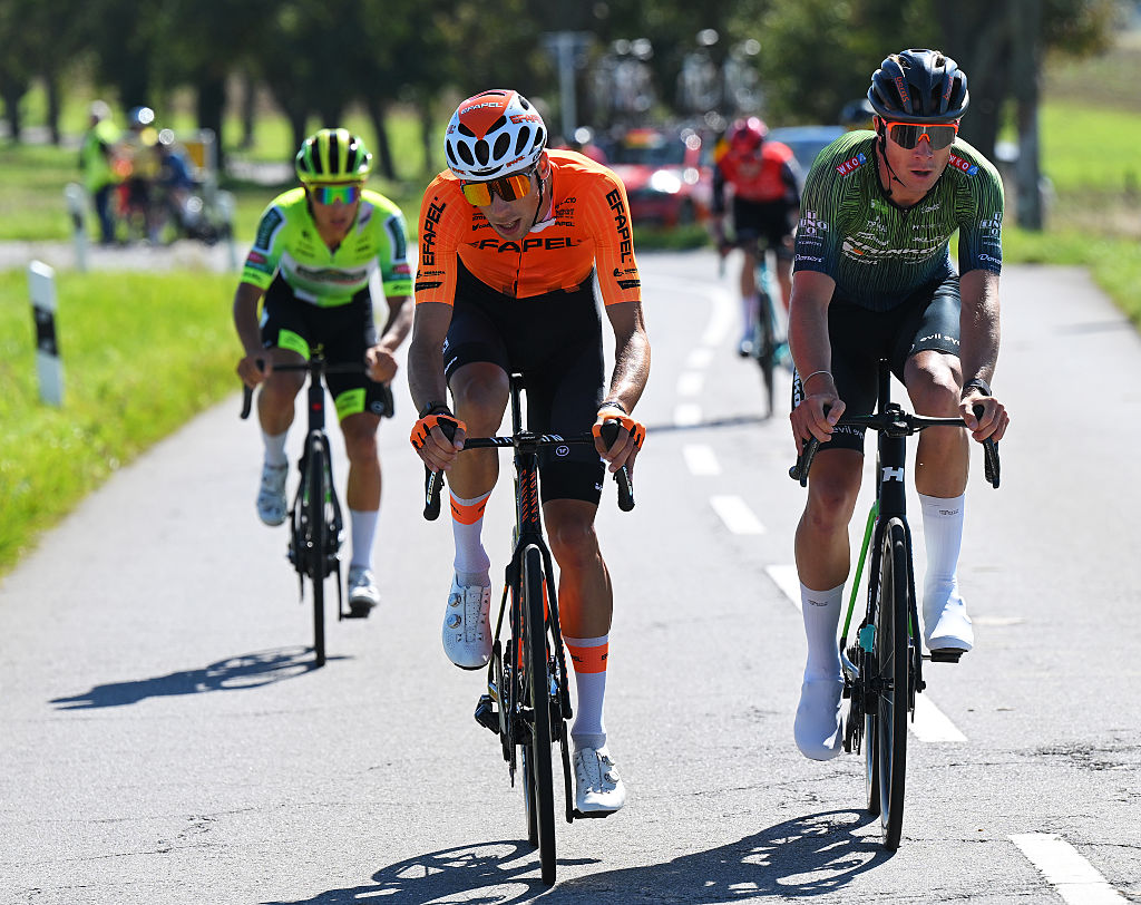 MAMER, LUXEMBOURG - SEPTEMBER 18: (L-R) Pedro Pinto of Portugal and Team Efapel Cycling and Malte Hellerup of Denmark and Team ColoQuick compete in the breakaway during the 85th Tour de Luxembourg, Stage 2 a 168.4km stage from Remich to Mamer on September 18, 2025 in Mamer, Luxembourg. (Photo by Tim de Waele/Getty Images)
