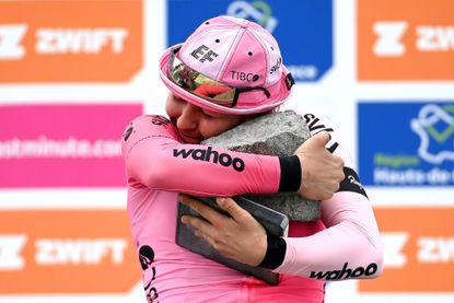 Canadian Alison Jackson celebrates her Paris-Roubaix Femmes win