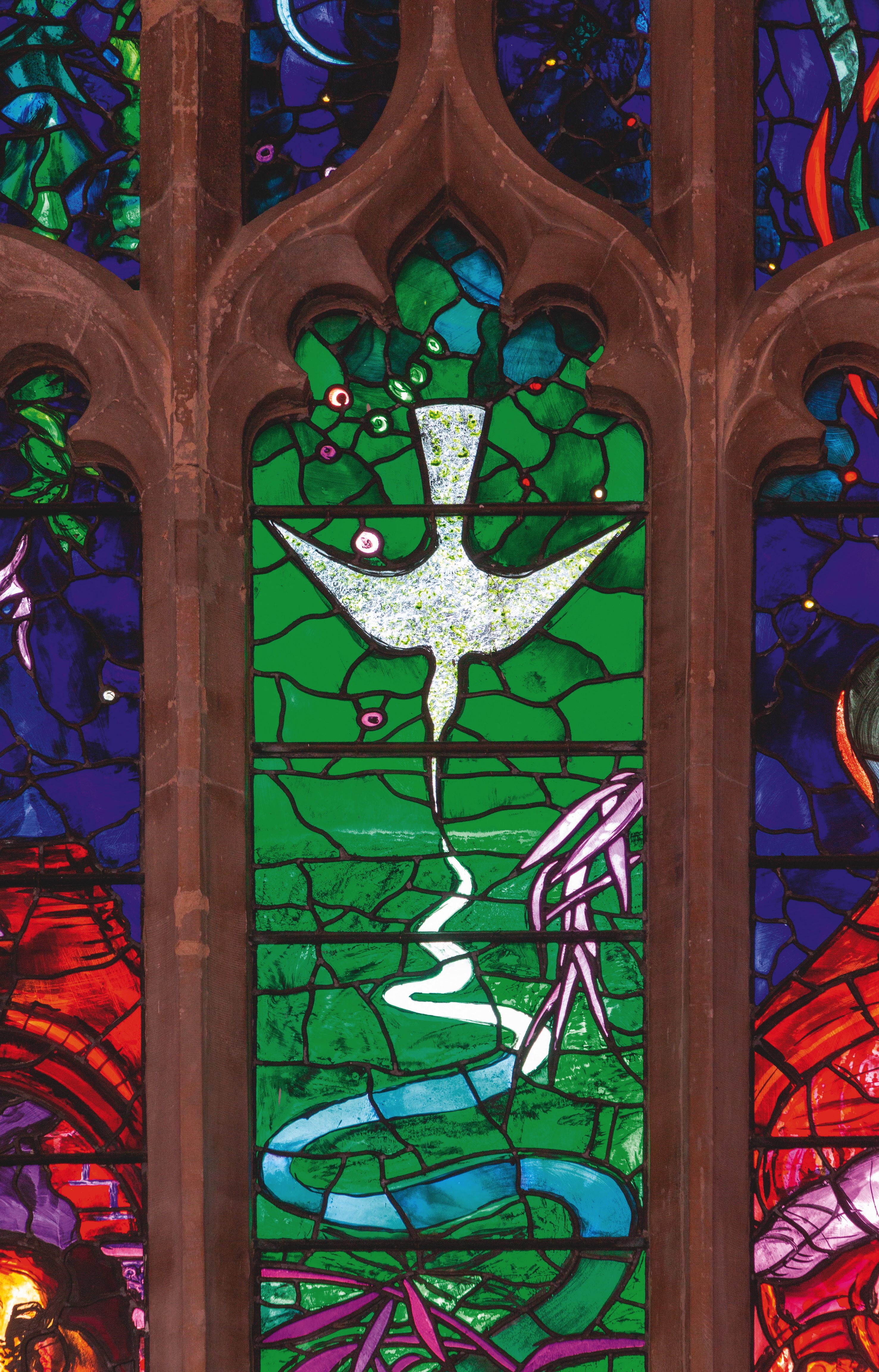 Detail of stained glass window Benjamin Britten memorial by John Piper, Aldeburgh, Suffolk, England, UK