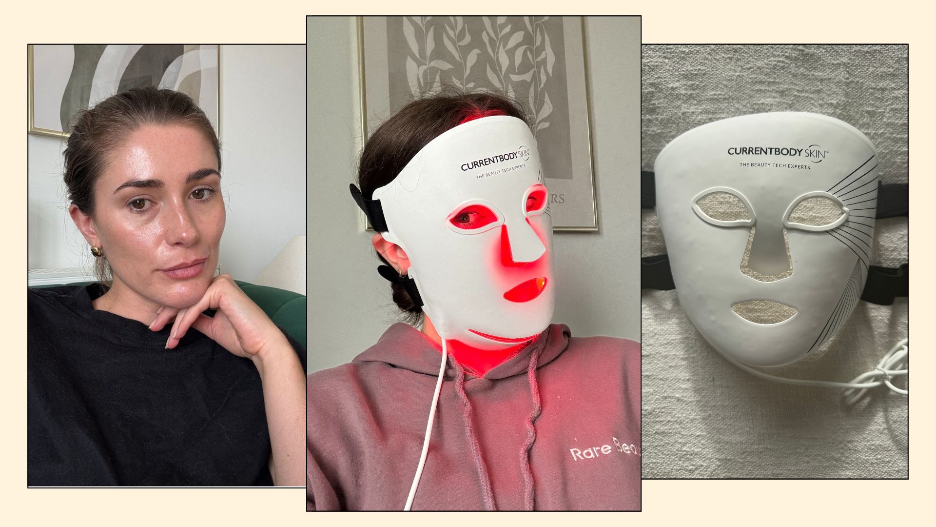 Three photos including a selfie of Eleanor after a year of using the Currentbody LED Mask Series 2, Eleanor wearing the Currentbody LED Mask Series 2 and a photo of the device on a textured background