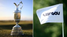 The Claret Jug and a LIV Golf flag