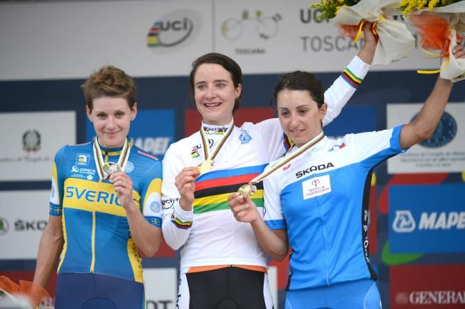 2013 elite women's road race world championship podium (L-R): Emma Johansson, Marianne Vos and Rossella Ratto