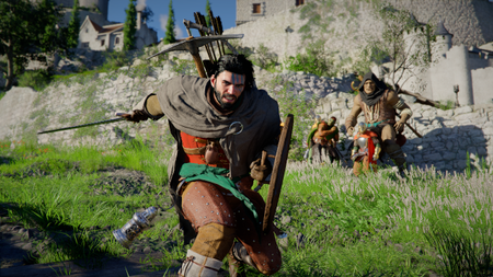 Crimson Desert: A close-up of Kliff slicing with his sword-arm outstretched behind him, scaring the villagers in the background.