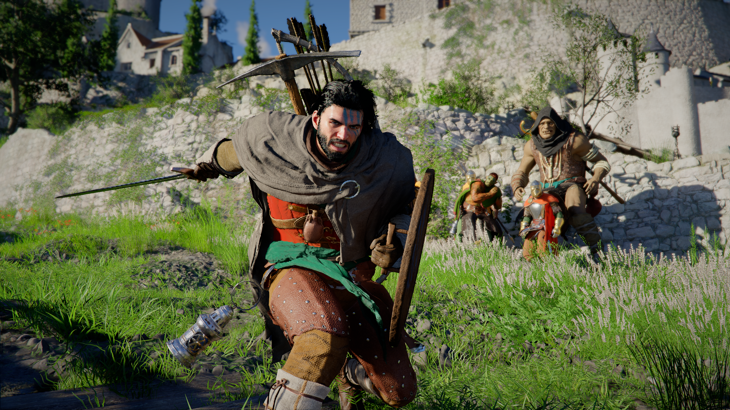 Crimson Desert: A close-up of Kliff slicing with his sword-arm outstretched behind him, scaring the villagers in the background.