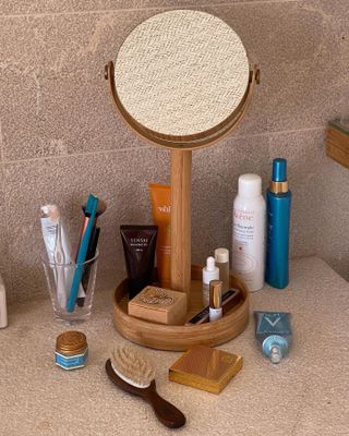 Skincare products on the vanity