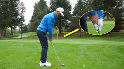 PGA pro Barney Puttick demonstrating how to hit a chip shot from a wet lie